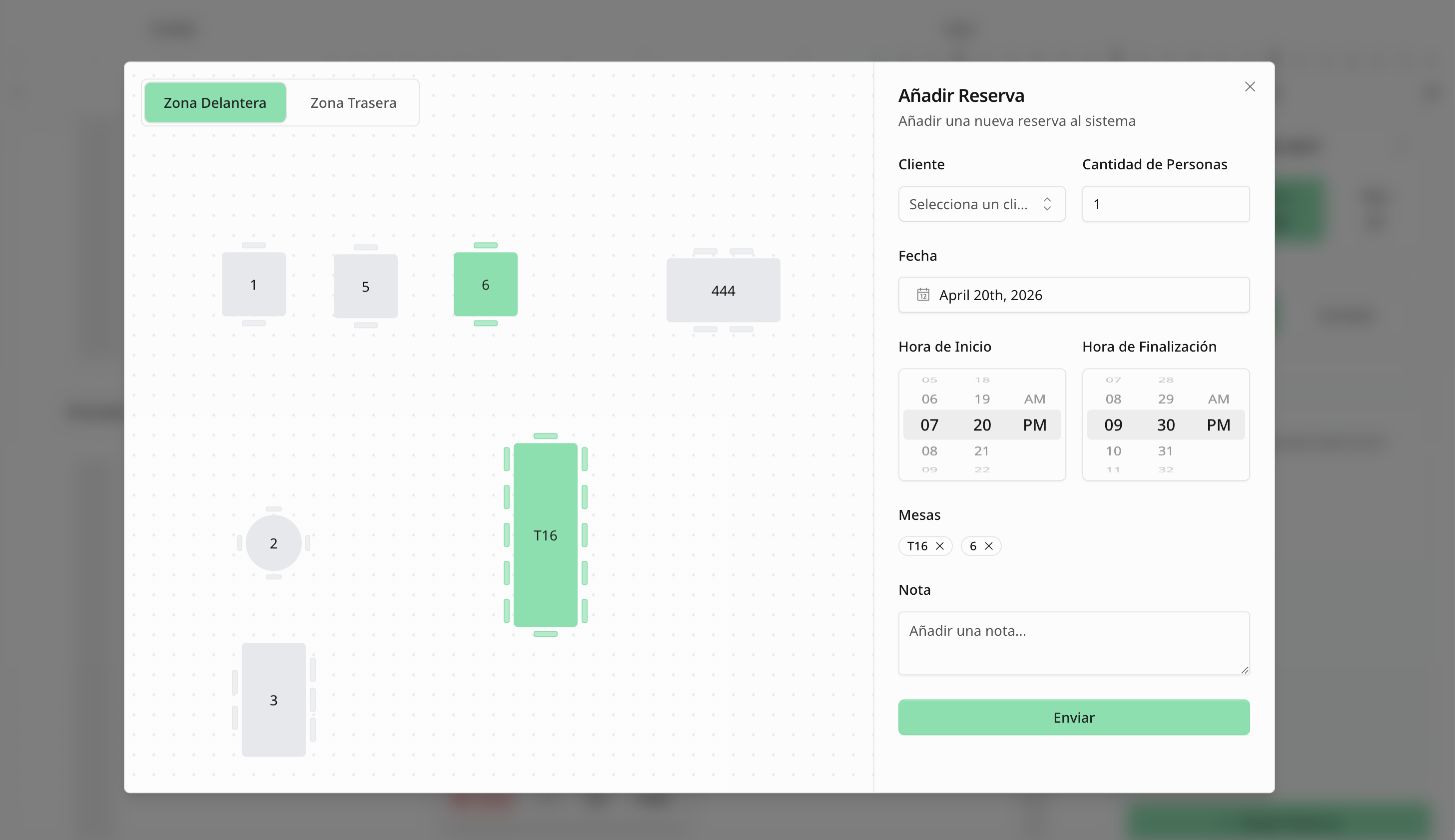 Screenshot of the fone4table booking dashboard: metrics, chart, and navigation.
